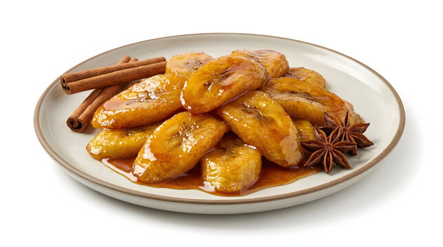 Panamanian pl&aacute;tano en tentaci&oacute;n, sweet caramelized ripe plantains with cinnamon, isolated on a white background