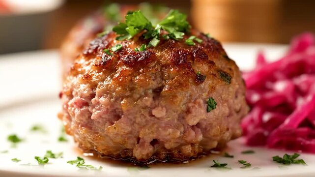 Close-up of a freshly cooked gourmet meatball garnished with parsley, highlighting the crispy golden brown exterior and juicy texture, served alongside bright pickled vegetables.