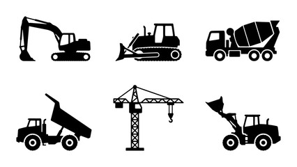 Construction Equipment Icons: Excavator, Crane, Bulldozer, Cement Mixer, Dump Truck, Loader © Nusrat