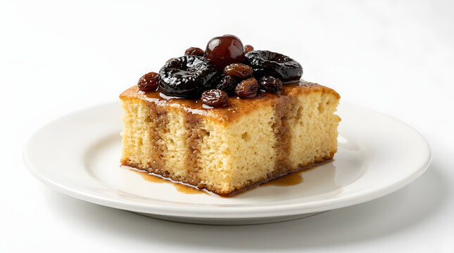 Panamanian sopa borracha, a sweet rum-soaked sponge cake dessert with prunes, isolated on a white background