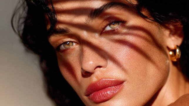Close-up of a woman with shadows from leaves on her face, with glowing eyes