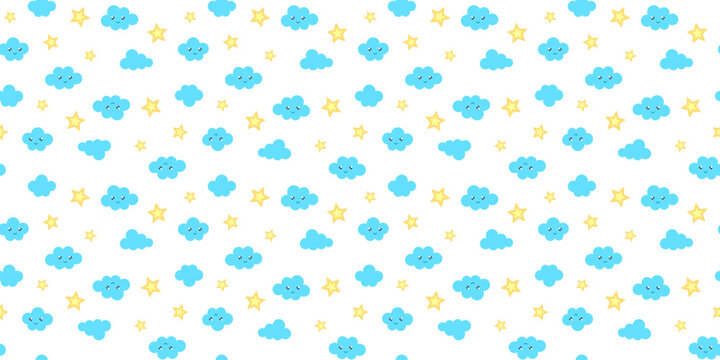 Yellow stars and blue clouds with cute faces on a white background. Kids endless texture with kawaii sky. Vector seamless pattern for wrapping paper, giftwrap, surface texture and printing on clothes