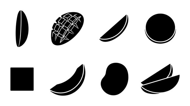 Mango Slices, Cubes, and Whole Fruit Icons, Tropical Food Vector Set, Fresh Produce Graphics