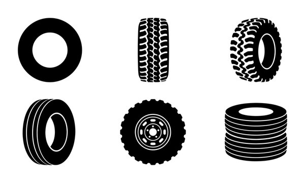 Set of 6 Black Rubber Tires, Vehicle Wheels, Tread Patterns, Automotive Icons