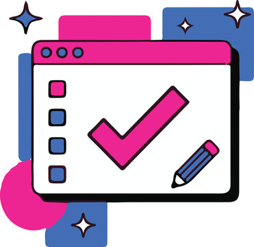 A vibrant vector illustration of a digital computer window featuring a large pink checkmark icon and a blue pencil tool for editing tasks and lists.