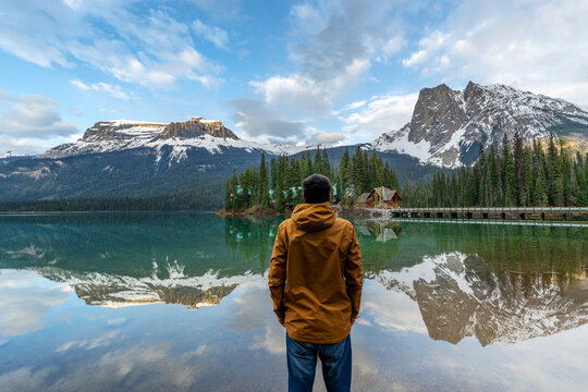 Man contemplating view of Emerald Lake in Yoho National Park