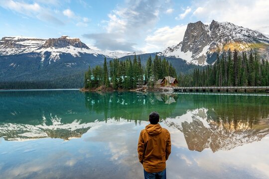 Man contemplating view of Emerald Lake in Yoho National Park