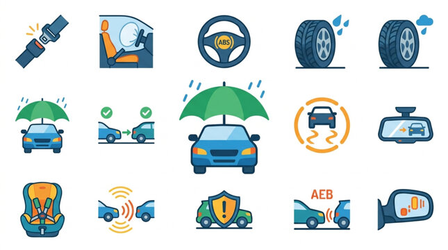 Modern Car Safety and Technology Features Illustration.