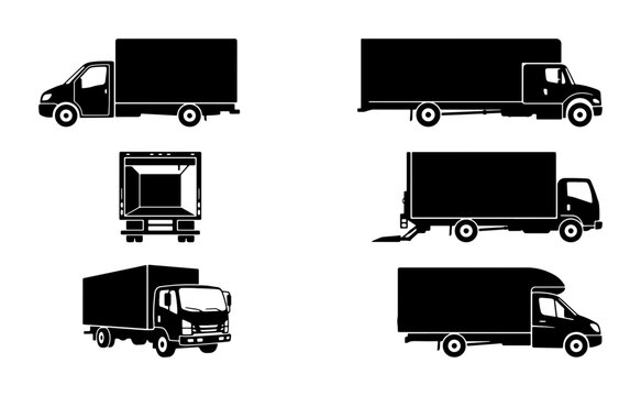 Delivery Truck Icons Set, Cargo Van Vector Graphics, Freight Vehicle Silhouettes for Logistics