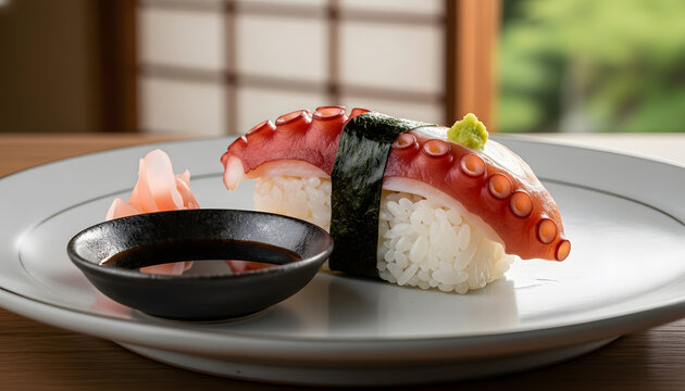 Tako (octopus) nigiri, classic Japanese sushi tied with nori seaweed slice served in a plate complete with soy sauce, wasabi and gari ginger against Zen traditional house background