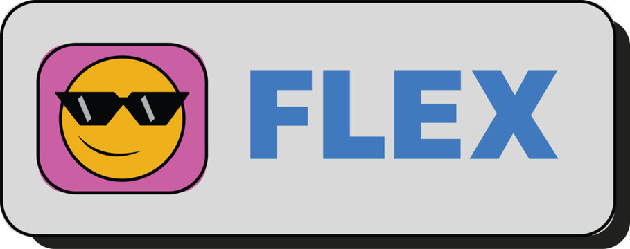 A vibrant vector illustration of a cheerful yellow emoji wearing black sunglasses next to the bold blue text flex on a clean light gray rounded rectangle.