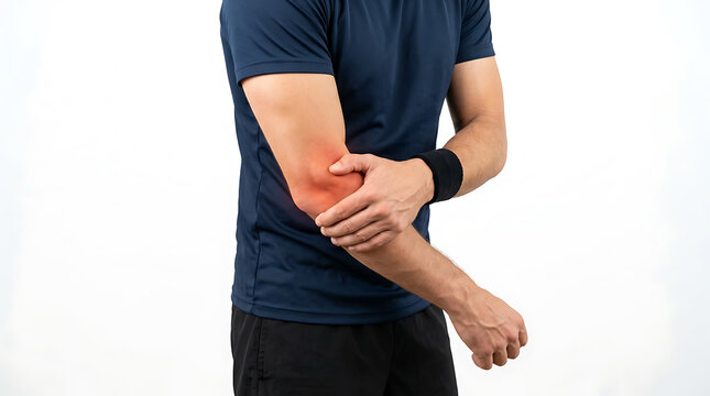 Man Experiencing Elbow Pain: Medical Illustration for Healthcare, Sports Injury, and Rehabilitation Marketing