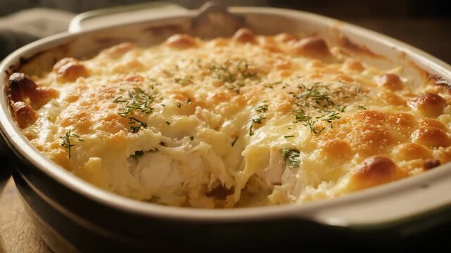Rich and creamy seafood or chicken gratin casserole covered in golden melted cheese and herbs, freshly baked and ready to serve.