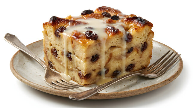 Slice of Panamanian bocado de la reina, a moist traditional bread pudding, isolated on a white background