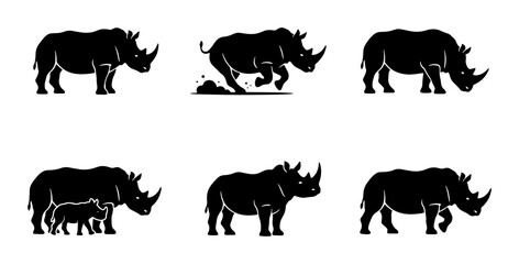 Rhino Silhouette Icons, Wildlife Animal Vector Graphics, African Safari Mammal Set © Mehnaz