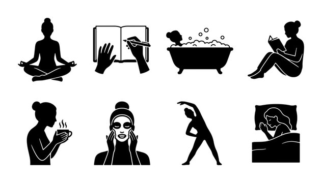 Self-Care Icons Set, Wellness Activities Vector Graphics, Relaxation, Health, Lifestyle Symbols