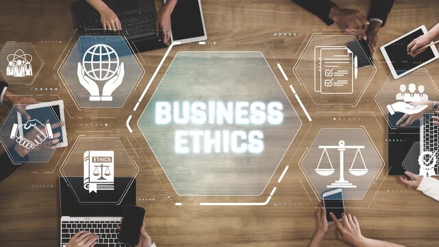 Business Ethics Concept with Diverse People Collaborating Over Laptops and Tablets in Modern Office Setting Sigmoid