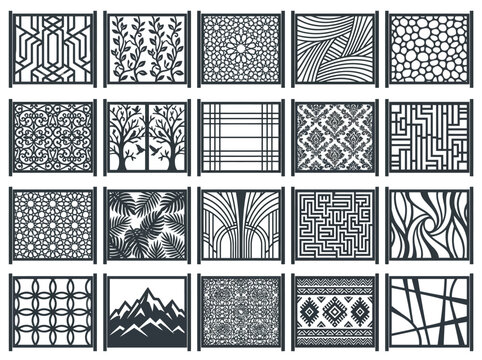 Collection of diverse decorative laser cut panels, featuring modern, geometric, natural, and abstract patterns for architectural screens and home decor.