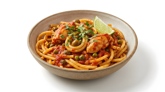 Authentic Panamanian macarrones con pollo, long macaroni and chicken in achiote sauce, isolated on white background