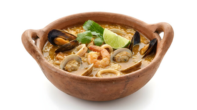 Hearty Panamanian guacho de mariscos, a thick traditional seafood rice soup, isolated on a white background