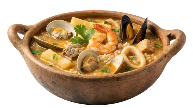 Hearty Panamanian guacho de mariscos, a thick traditional seafood rice soup, isolated on a white background
