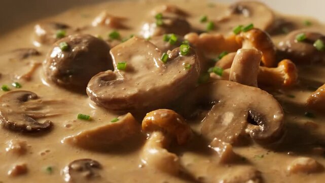 Macro close-up of gourmet mushrooms in a rich, creamy sauce (fricassee or stroganoff) garnished with fresh green chives, focusing on the appetizing texture.