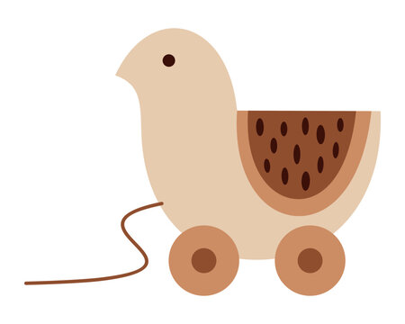 Wooden Bird Toy on Wheels with a Pull String. Kids Wood Bird Image. Pastel Nursery Vector Clipart