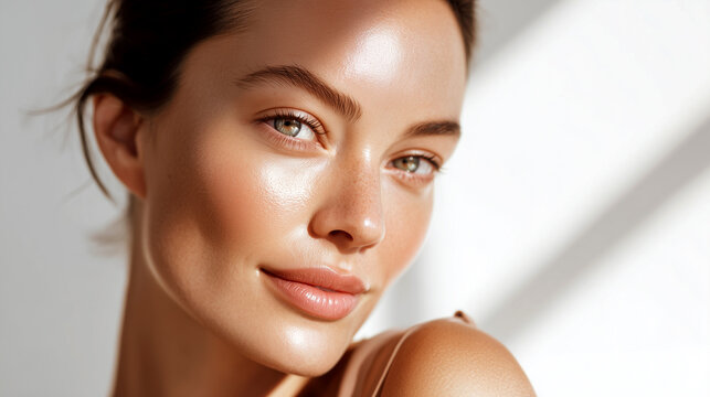 Skincare SPF awareness portrait, woman with hydrated glowing skin and natural texture, elegant side lighting and warm neutral tones, sunscreen UV protection and environmental aging prevention concept.