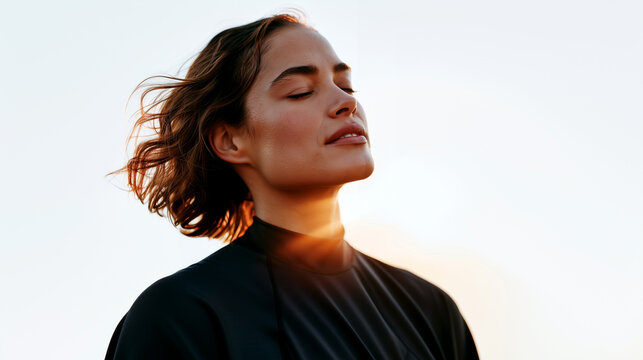 Endorphin recovery wellness concept, calm woman after workout in nature, relaxed breathing and stress relief, warm sunlight flare, subtle sweat glow, emotional reset and nervous system relaxation.