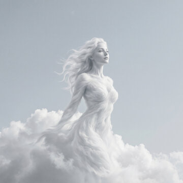 Surrealistic concept of female beauty with a naked woman's body shaped from a fluffy cloud, seductive metaphor and abstract silhouette in a clean minimalist style