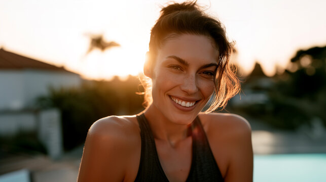 Hotel pool relaxation, luxury resort vacation, smiling woman after workout recovery, warm sunset light, wellness retreat comfort, spa lifestyle, calm service, travel holiday escape.