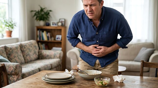 Man clutching his stomach in pain possibly after eating a meal