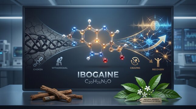 Molecular structure of ibogaine displayed over lab background with cinnamon bark and iboga leaf suggesting chemical therapy for addiction treatment and recovery.