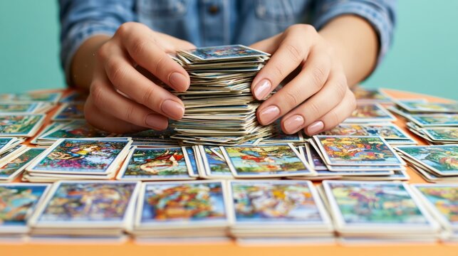 Hands shuffling stack of tarot cards on bright coral table