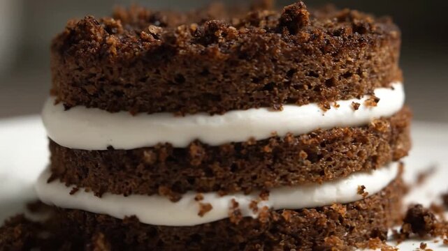 Macro close-up of a decadent layered chocolate cake with thick white cream frosting and rich crumble topping, perfect dessert concept