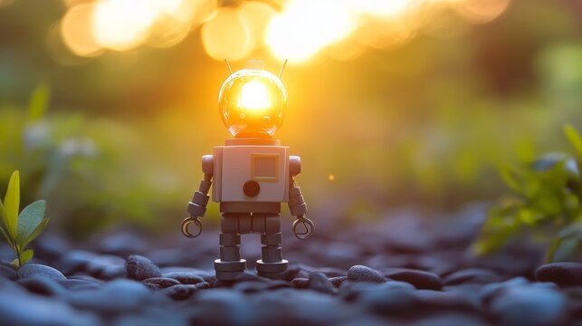 Small robot figurine, sunset backdrop