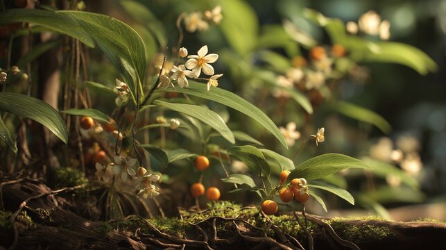 Close up of iboga plant leaf and root with small flower and fruit on mossy log representing ibogaine addiction recovery research and medical usage.