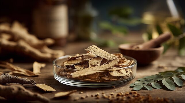 Root bark sample on glass dish with mortar and spoon representing ibogaine addiction recovery research and medical usage.