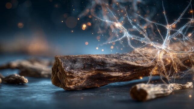 Iboga root with neuronal network overlay symbolizing ibogaine addiction recovery research and medical usage, main object root and conceptual neuron connection.