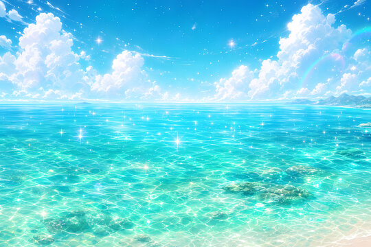 Vibrant anime style digital illustration of a sparkling turquoise tropical sea under a bright blue sky with fluffy white clouds.