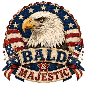 Patriotic Bald Eagle Logo with American Flag Patterns Stars Ribbon and Vintage Patch Texture