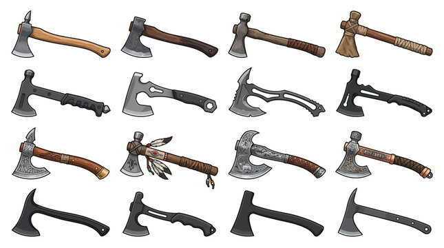 Set of adventure tomahawks and tactical axes with tribal and modern designs on white