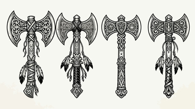Set of Decorative Tribal Tomahawk Axes with Ornate Engravings and Feathers for Tattoo Design