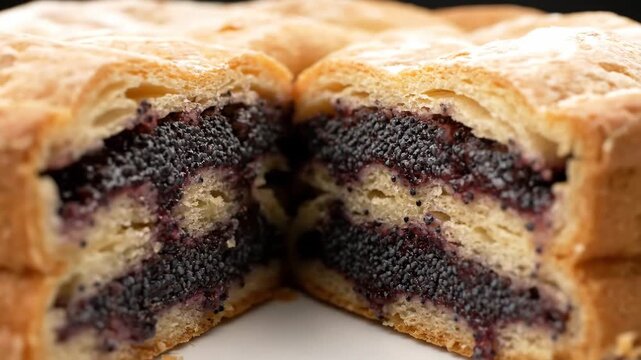 Close-up of traditional layered poppy seed roll or strudel (makowiec) with a golden flaky crust and rich granular filling, perfect for desserts and holidays.
