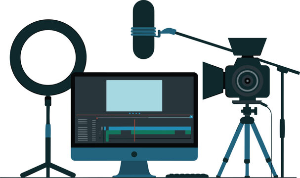 Editing setup with computer, camera, microphone, and ring light