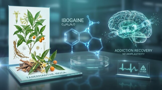 Tablet displaying iboga plant and molecular model next to digital brain and recovery data representing ibogaine treatment for ptsd research medical benefit.