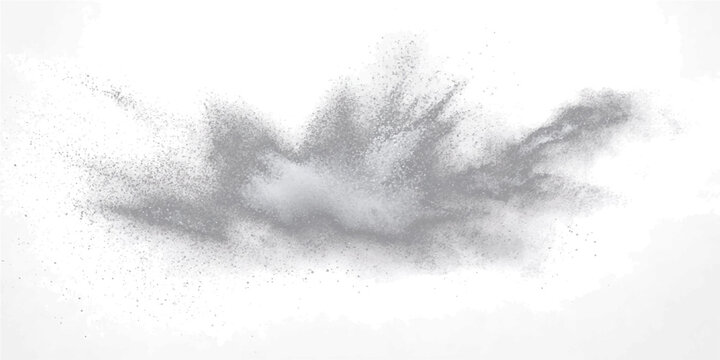 Explosion of fine grey dust particles dispersed dynamically, creating dynamic abstract cloud form, evoking a sense of powerful disruption or creation.