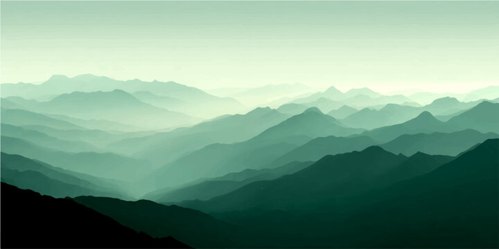 Misty mountain range, veiled ethereal green haze, creates mystical, serene landscape, evoking profound solitude and timeless beauty.