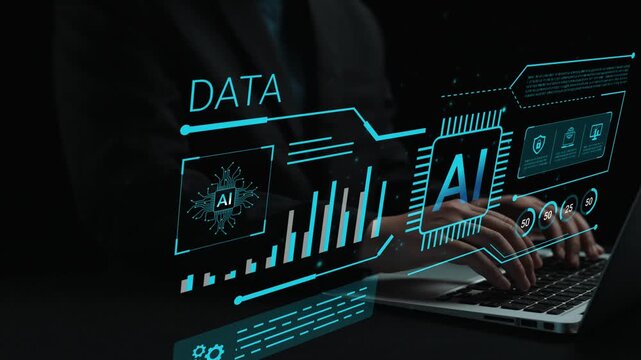 Modern Technology Concept Depicting Data Analysis with Artificial Intelligence Driven Interface and Hands Typing on Laptop in Dark Environment Gluon.