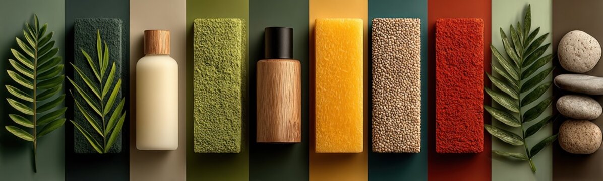Group of different colored stones and a bottle of lotion copy space mockup